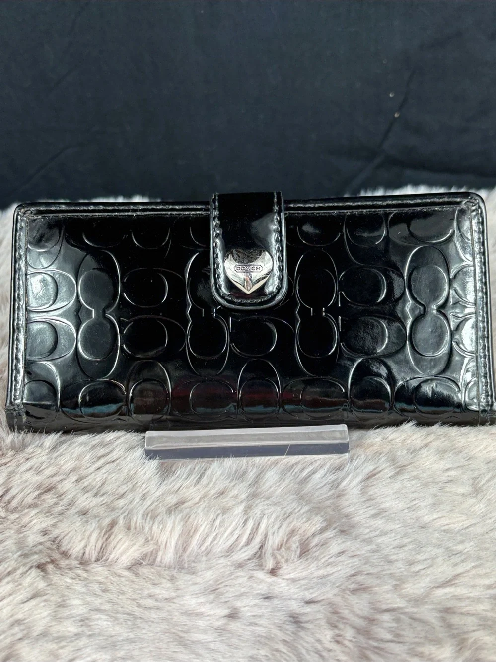 Coach Black Patent Leather Signature C Long Continental Wallet Heart Snap